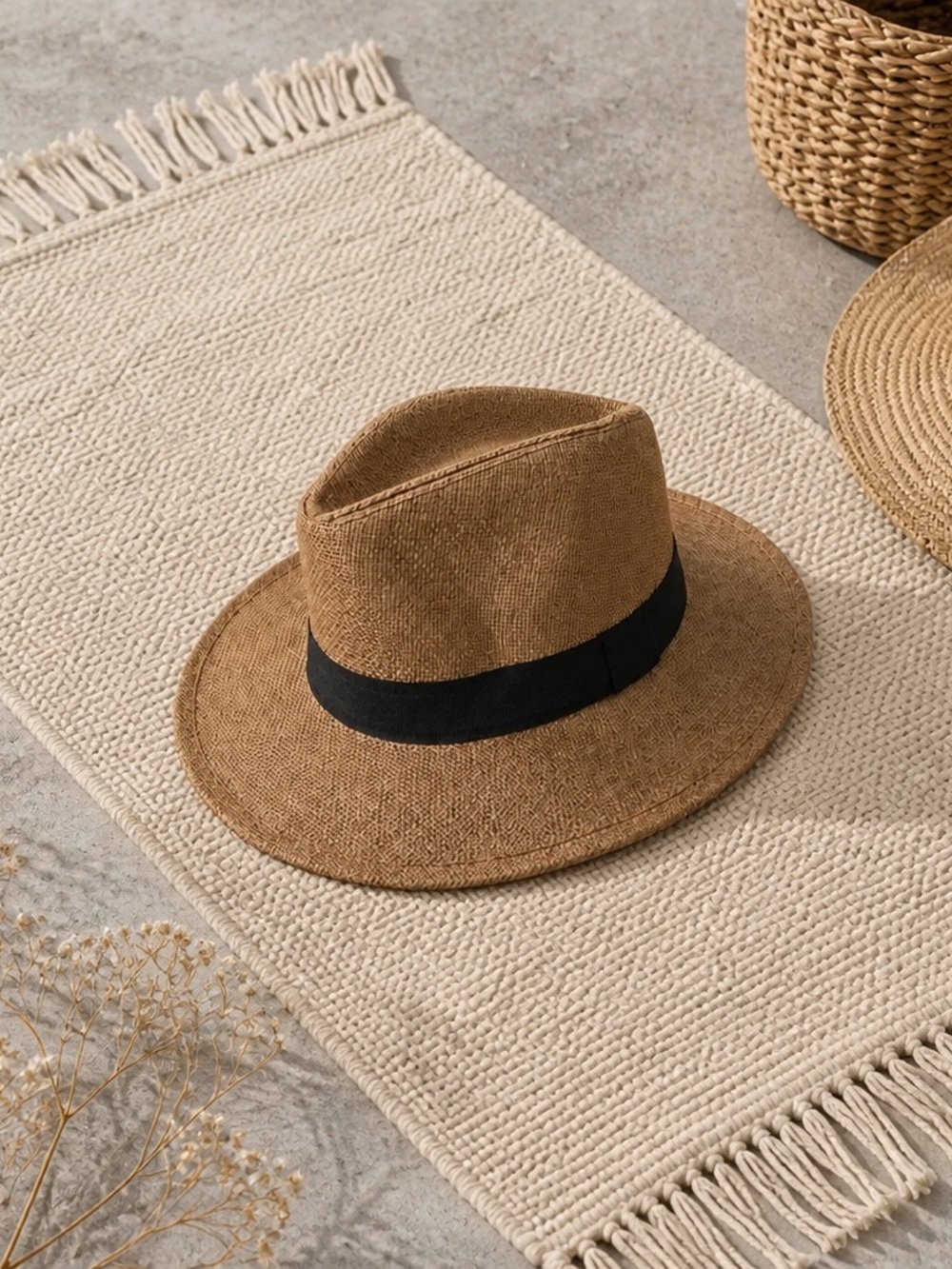 Men's Tan Straw Fedora with Black Band